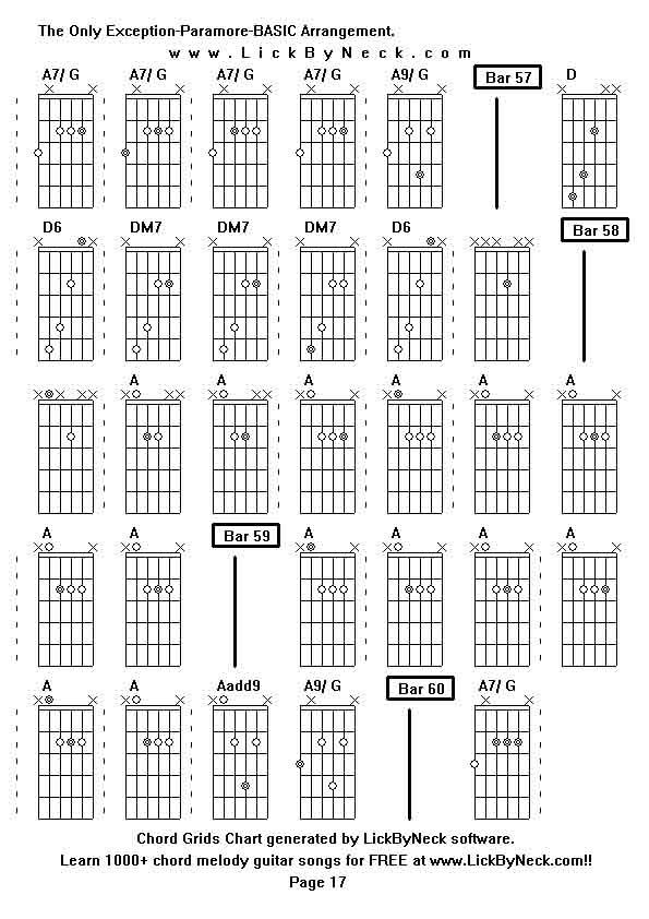 Chord Grids Chart of chord melody fingerstyle guitar song-The Only Exception-Paramore-BASIC Arrangement,generated by LickByNeck software.